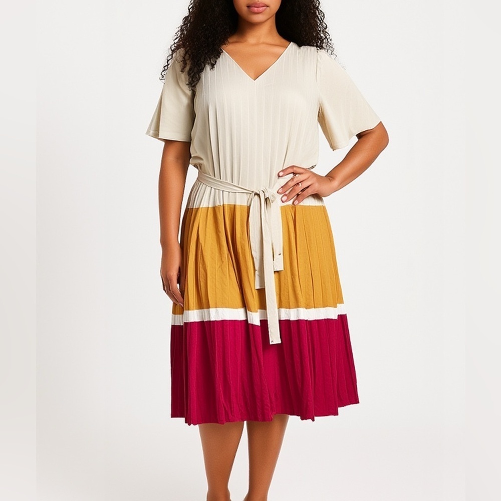 SKIES ARE BLUE WOMENS PLEATED COLORBLOCK DRESS SIZE LARGE